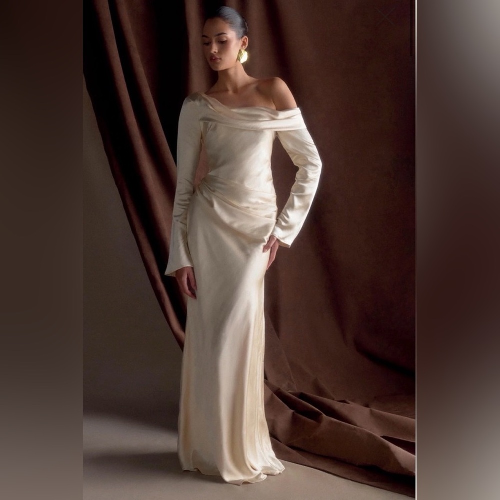 Meshki Off-Shoulder Ivory Satin Gown